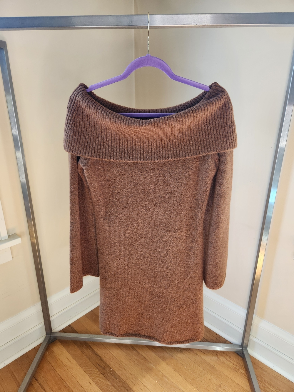 cult gaia Off-the-Shoulder Brown Ribbed Knit Sweater Dress